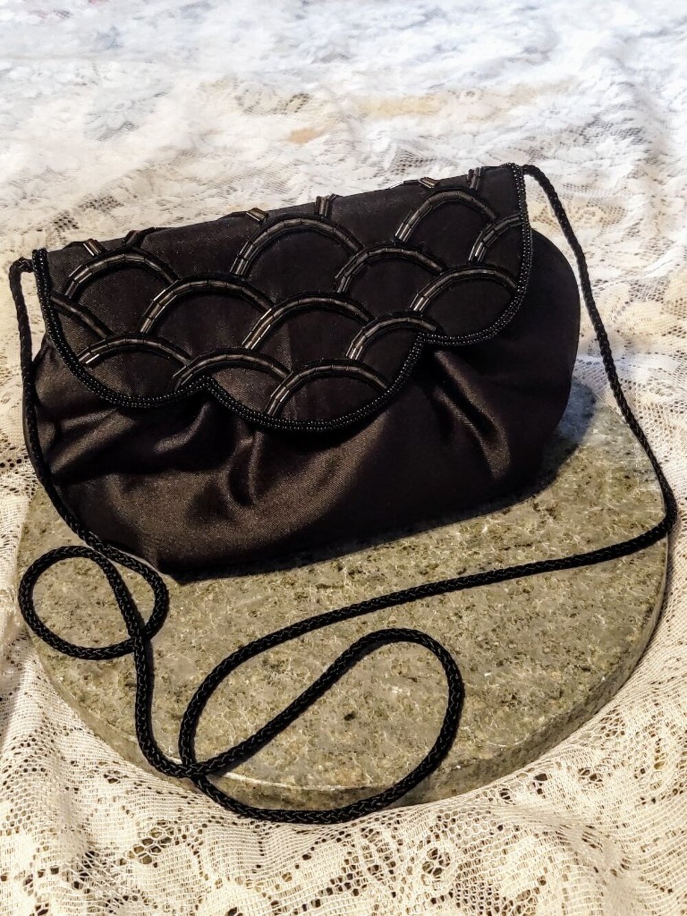 Vintage Sassy Black Satin Beaded Scallop Evening Bag